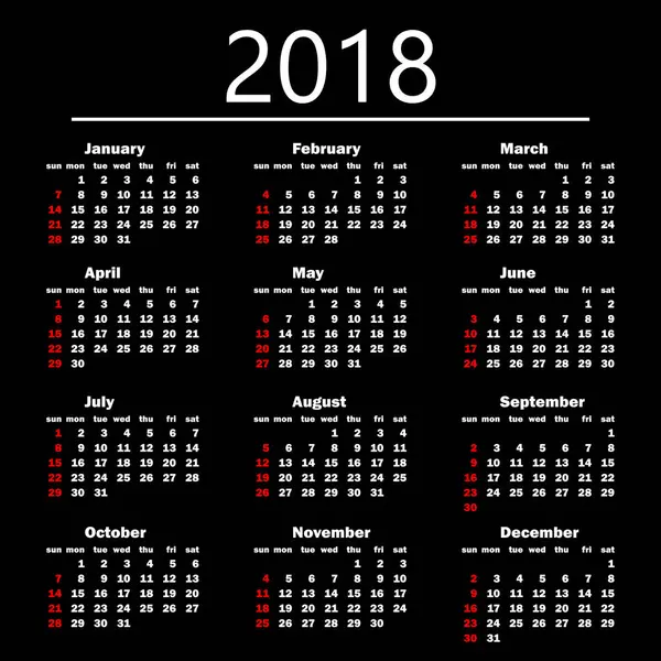 Календарь 2018 на черном фоне. Векторная иллюстрация — стоковый вектор