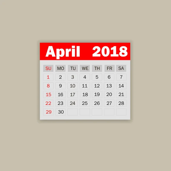 Calendario de abril 2018. La semana comienza el domingo. Plantilla de ilustración de vector de negocio para un mes 2018 años . — Archivo Imágenes Vectoriales