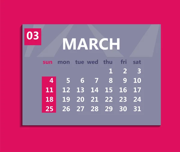 Calendario de marzo 2018. La semana comienza el domingo. Vector de negocio illu — Archivo Imágenes Vectoriales