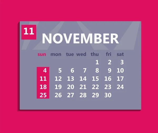 Calendario de noviembre 2018. La semana comienza el domingo. Vector de negocio i — Archivo Imágenes Vectoriales