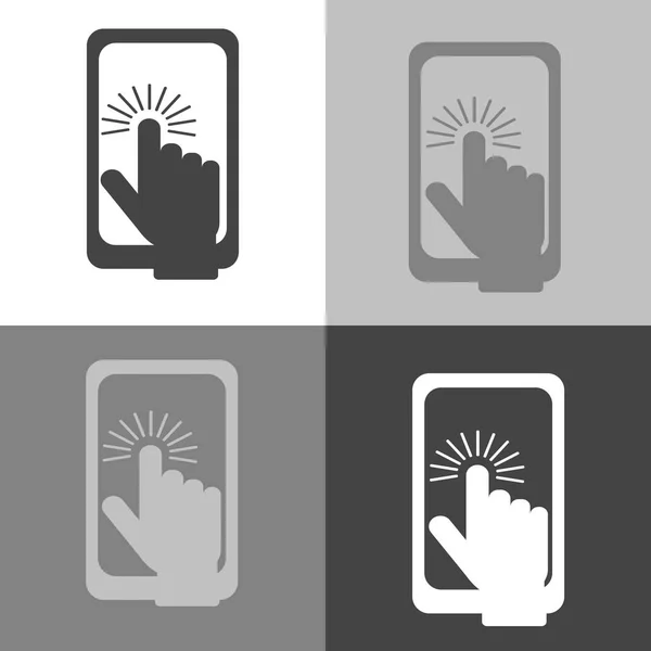 De hand klikt op de knop op de smartphone. Vector pictogram op whit — Stockvector