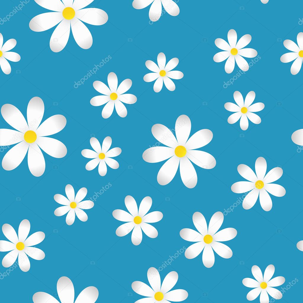Vector infinite spring background with camomiles. Pattern of white camomiles.