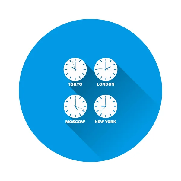 Set di orologi che mostrano la differenza di fuso orario in diversi fusi orari — Vettoriale Stock