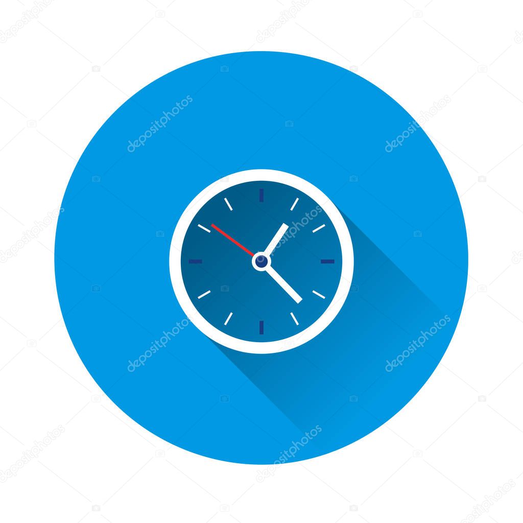 Clock icon on blue background. Flat image with long shadow.