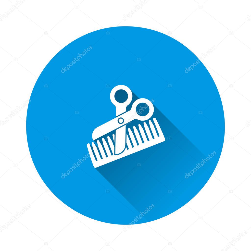 Hairbrash and scissors  on blue background. Flat image with long