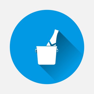 Mavi arka planda, kova ikonunda şampanya şişesinin vektör simgesi. Uzun gölgeli düz resim.