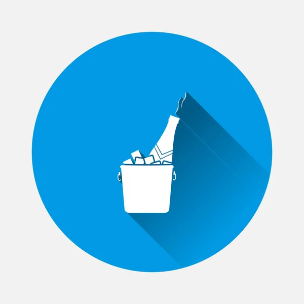 Icône de bouteille de champagne vectorielle dans l'icône seau à glace sur fond bleu. Image plate avec ombre longue . — Image vectorielle
