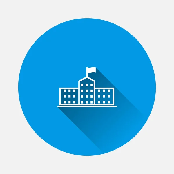 Icône vectorielle d'une icône d'immeuble de bureaux d'affaires sur fond bleu. Image plate avec ombre longue. Calques groupés pour faciliter l'édition de l'illustration. Pour votre design . — Image vectorielle