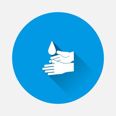 El yıkama vektör simgesi. Mavi arka planda hijyen sembolü simgesi. Uzun gölgeli düz bir görüntü. Kolayca düzenlemek için katmanlar gruplandırıldı. Tasarımın için..