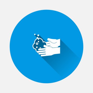 El yıkama vektör simgesi. Mavi arka planda hijyen sembolü simgesi. Uzun gölgeli düz bir görüntü. Kolayca düzenlemek için katmanlar gruplandırıldı. Tasarımın için..