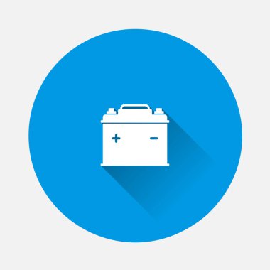 Mavi arka planda vektör ikonu akü ikonu. Uzun gölgeli düz bir görüntü. Kolayca düzenlemek için katmanlar gruplandırıldı. Tasarımın için..