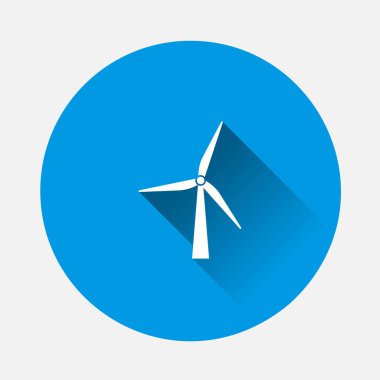 Yel değirmeni ikonu. Mavi arkaplanda güç jeneratörü simgesi var. Uzun gölgeli düz resim. Kolayca düzenlemek için gruplandırılmış katmanlar. Tasarımın için..