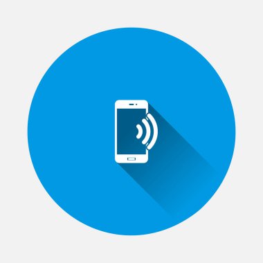 Mavi arka planda kablosuz kredi kartı ödeme simgesi. Uzun gölgeli düz bir görüntü. Kolayca düzenlemek için katmanlar gruplandırıldı. Tasarımın için..