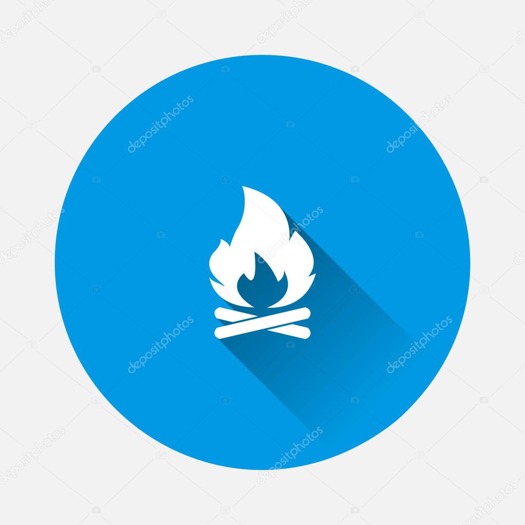Vector campfire icon on blue background. Flat image with long shadow. Layers grouped for easy editing illustration. For your design.