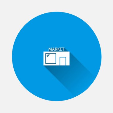 Vektör ikonu inşaat atölyesi. Mavi arkaplanda simge sakla. Uzun gölgeli düz bir görüntü. Kolayca düzenlemek için katmanlar gruplandırıldı. Tasarımın için..