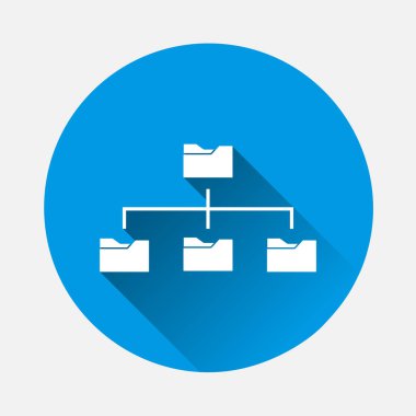 Bir bilgisayardaki vektör simgesi dosya sistemi organizasyonu. Mavi arkaplanda dizin ağacı simgesi. Uzun gölgeli düz bir görüntü. Kolayca düzenlemek için katmanlar gruplandırıldı. Tasarımın için..