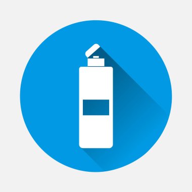 Saç şampuanının vektör simgesi, banyo jeli. Vücut bakımı. Mavi arkaplanda saflık simgesi. Uzun gölgeli düz bir görüntü. Kolayca düzenlemek için katmanlar gruplandırıldı. Tasarımın için..