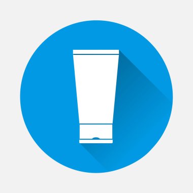 Mavi arka planda vektör tüpü ve yüz bakımı ikonu. Uzun gölgeli düz bir görüntü. Kolayca düzenlemek için katmanlar gruplandırıldı. Tasarımın için..