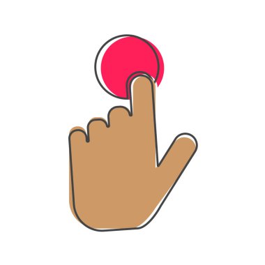 El düğmeye basıyor. Beyaz izole arkaplanda imleç simgesi çizgi film biçimi. Kolayca düzenlemek için katmanlar gruplandırıldı. Tasarımın için..