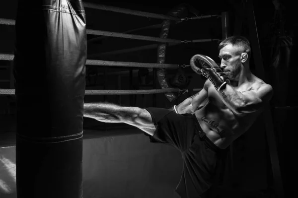 Kickboxer kicks the bag. Training a professional athlete. The concept of mma, wrestling, muay thai. Mixed media