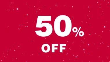 Animasyonlu mesaj promosyon 50 oranında indirim off hakkında. Satılık. Kırmızı bir arka plan üzerine beyaz metin. Video reklam.