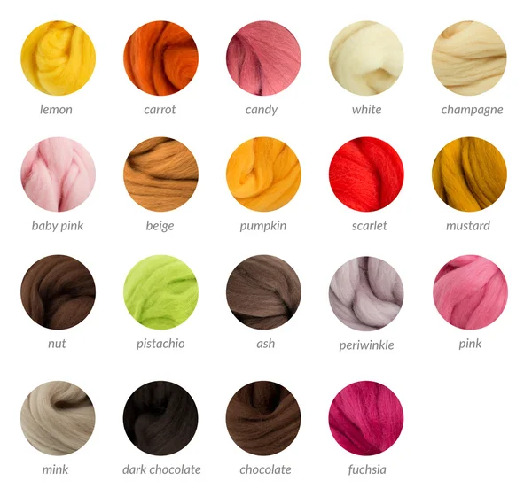 Warm colors merino wool palette guide with titles, round samples — Stock Photo, Image