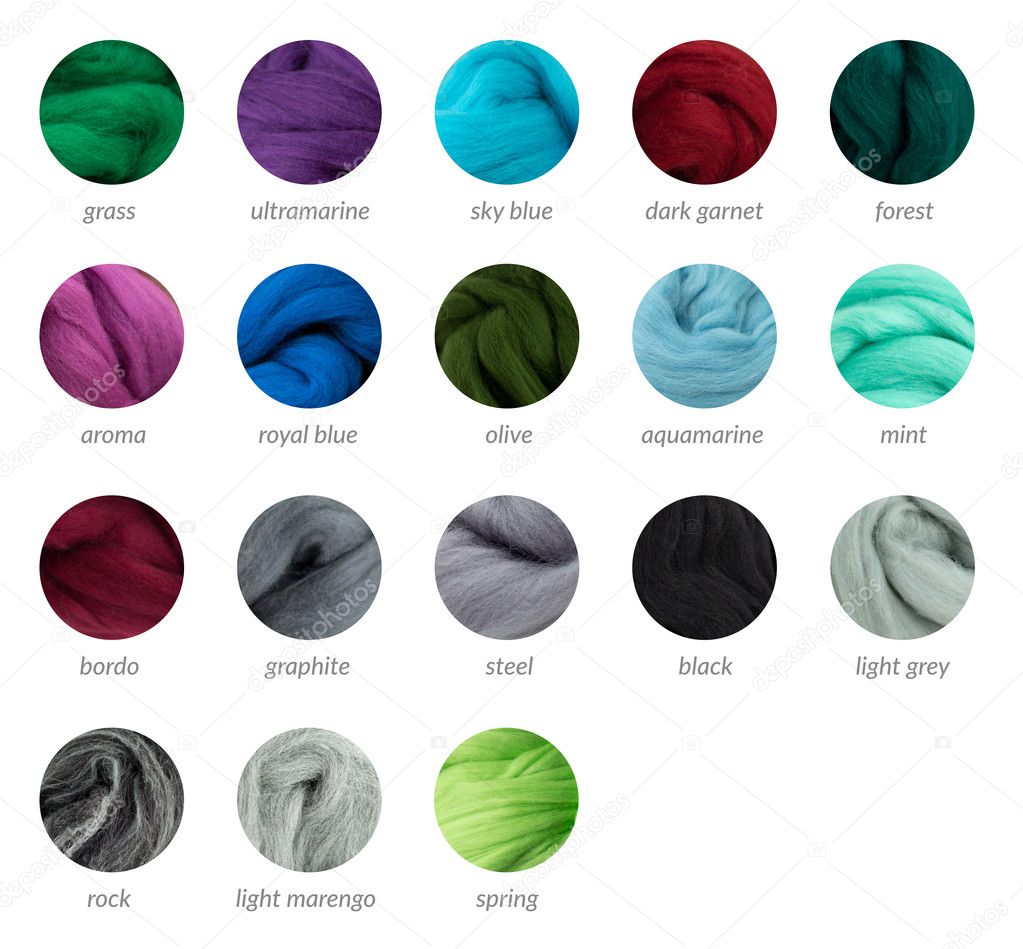 Cool colors merino wool palette guide with titles, round samples