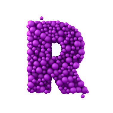 Mektup R yapılan plastik boncuk, mor baloncuklar, 3d render