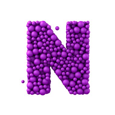 Harf N yapılan plastik boncuk, mor baloncuklar, 3d render