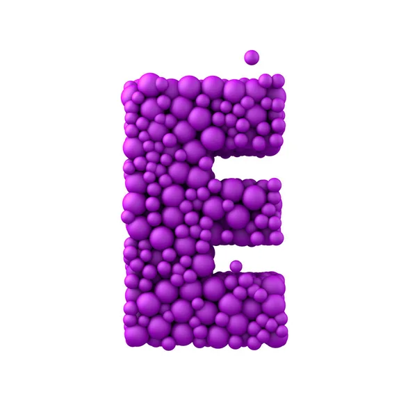 Carta E feita de contas de plástico, bolhas roxas, renderização 3d — Fotografia de Stock