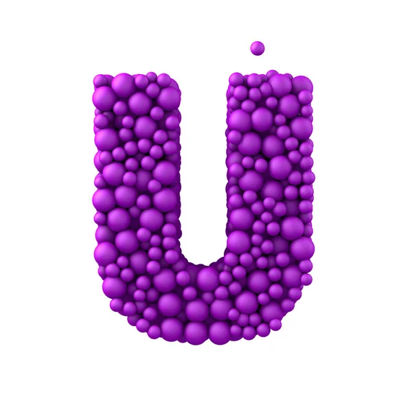 Lettera U fatta di perline di plastica, bolle viola, rendering 3d — Foto Stock