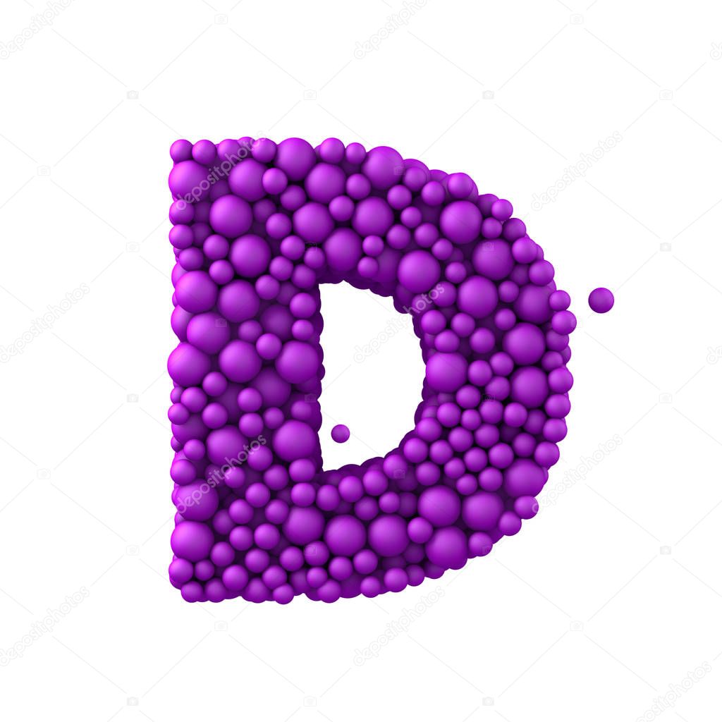 Letter D made of plastic beads, purple bubbles,  3d render