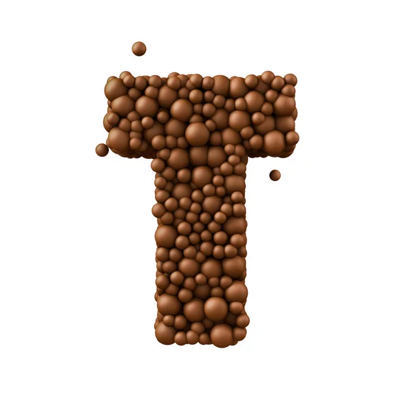 Lettera T fatta di bolle di cioccolato, concetto di cioccolato al latte, 3d r — Foto Stock