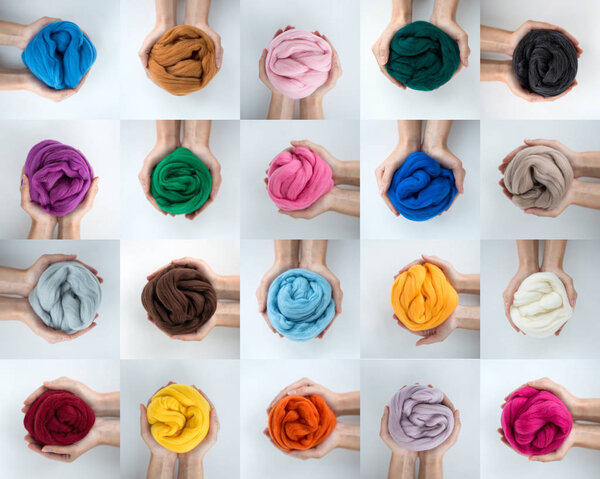 Set of colorful merino wool balls in hands, collage