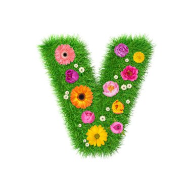 Harf V çim ve renkli çiçekler