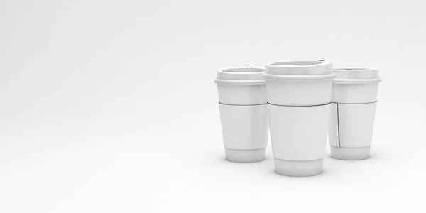 Tazas de café de cartón blanco sobre fondo claro con un espacio de copia para el texto, ilustración 3d —  Fotos de Stock