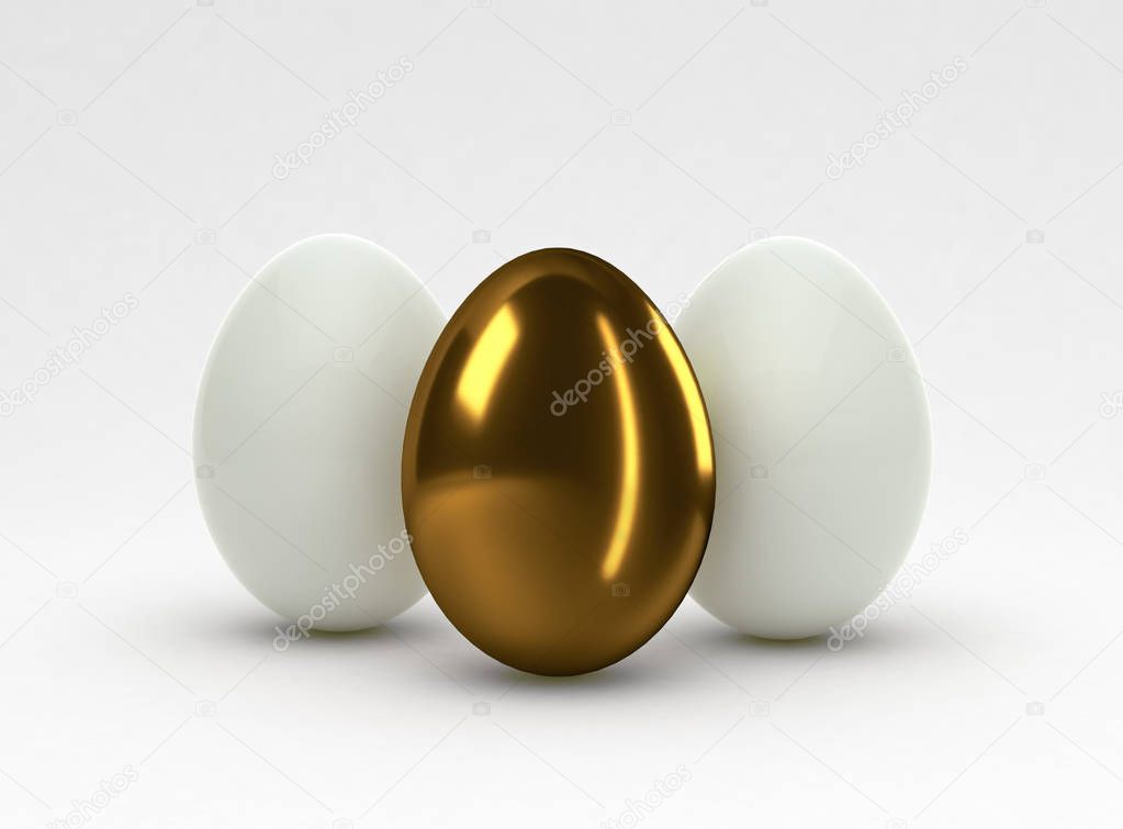 White and gold eggs on light background, 3d illustration