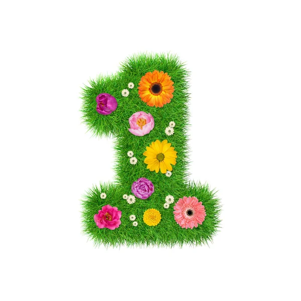 Numer 1 z trawy i kolorowe kwiaty — Zdjęcie stockowe