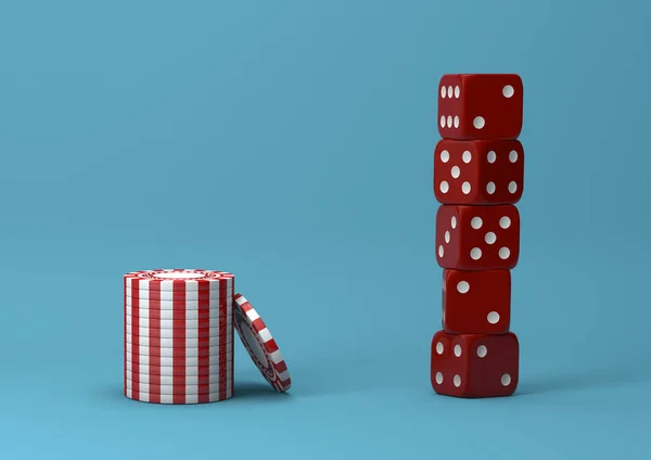 Tema cazinoului. alb cu jetoane de joc roșu cu dicuri de plastic pe fundal albastru — Fotografie, imagine de stoc