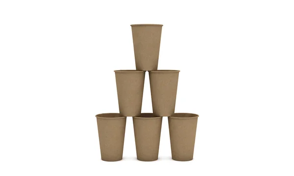 Piramide van bruine kartonnen koffie kopjes op witte achtergrond, ecologie concept, 3d illustratie — Stockfoto