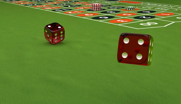 Tema do casino, jogando fichas e dados em uma mesa de jogos, ilustração 3d — Fotografia de Stock