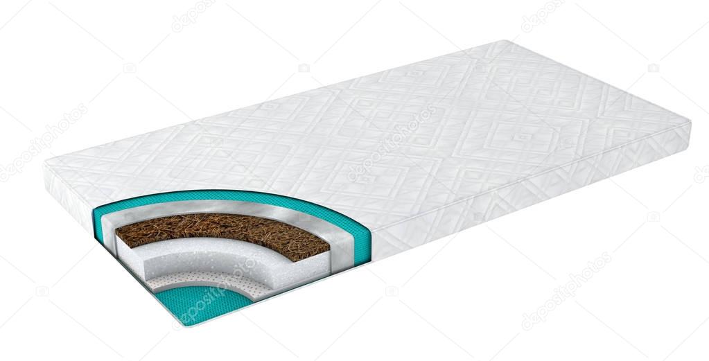 Double comfortable orthopedic mattress cut out in realistic style with layers view isolated, 3d illustration