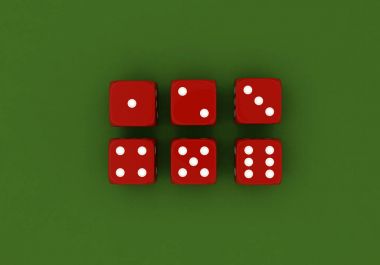 Casino Tema, plastik kırmızı casino masa, 3d resimde yeşil kumaş üzerinde dices.