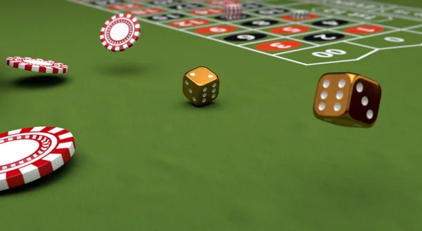 Tema do casino, jogando fichas e dados de ouro em uma mesa de jogos, ilustração 3d — Fotografia de Stock