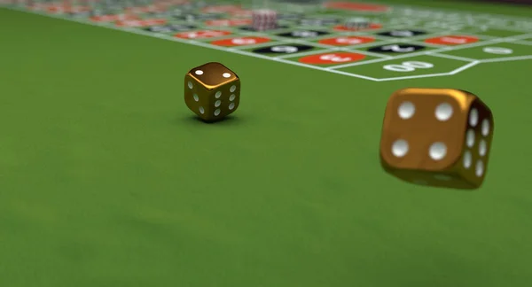 Tema do casino, jogando fichas e dados de ouro em uma mesa de jogos, ilustração 3d — Fotografia de Stock