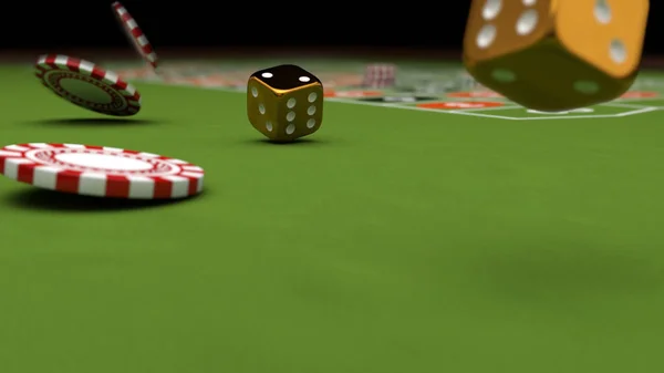 Casino téma, hraje žetonů a zlatých kostek na herní stůl, 3d obrázek — Stock fotografie