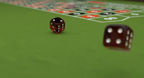 Tema del casino, jugar fichas y dados rojos en una mesa de juego, 3d — Foto de Stock