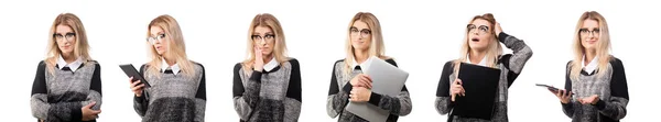 Set of different poses of young business woman in pullover, isol — Stock Photo, Image