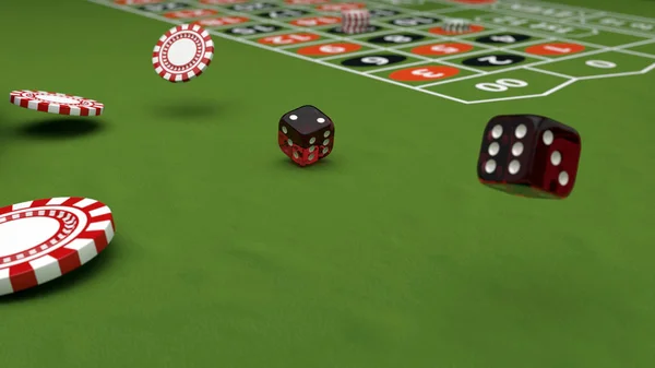Casino theme, playing chips and red dices on a gaming table, 3d