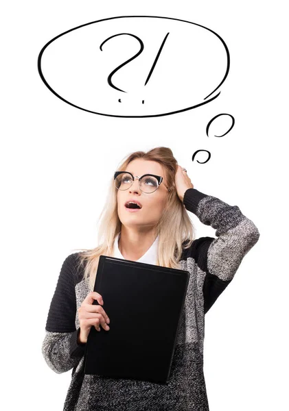 Young business women in trouble with drawn speech bubble with qu — Stock Photo, Image